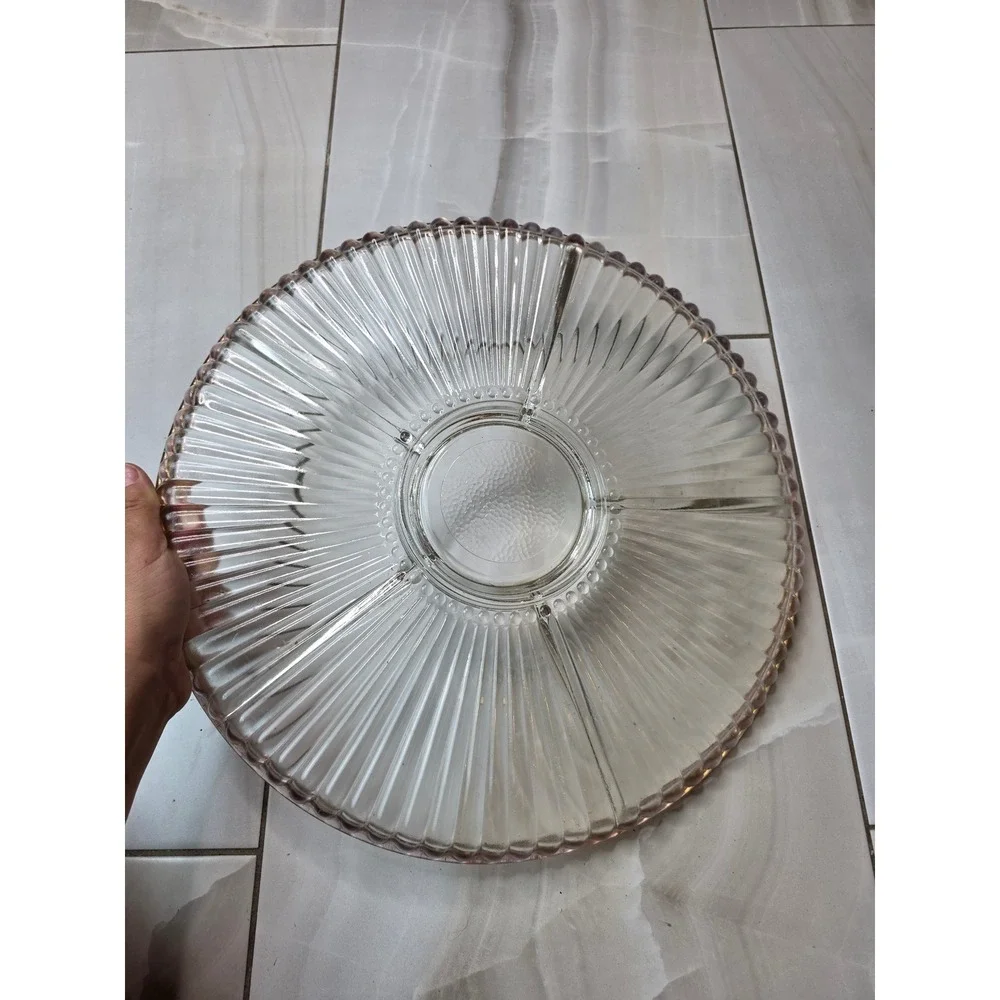 Vintage Divided Glass Relish Tray Gold Rim Ribbed 4 Section Round Server 14in E1